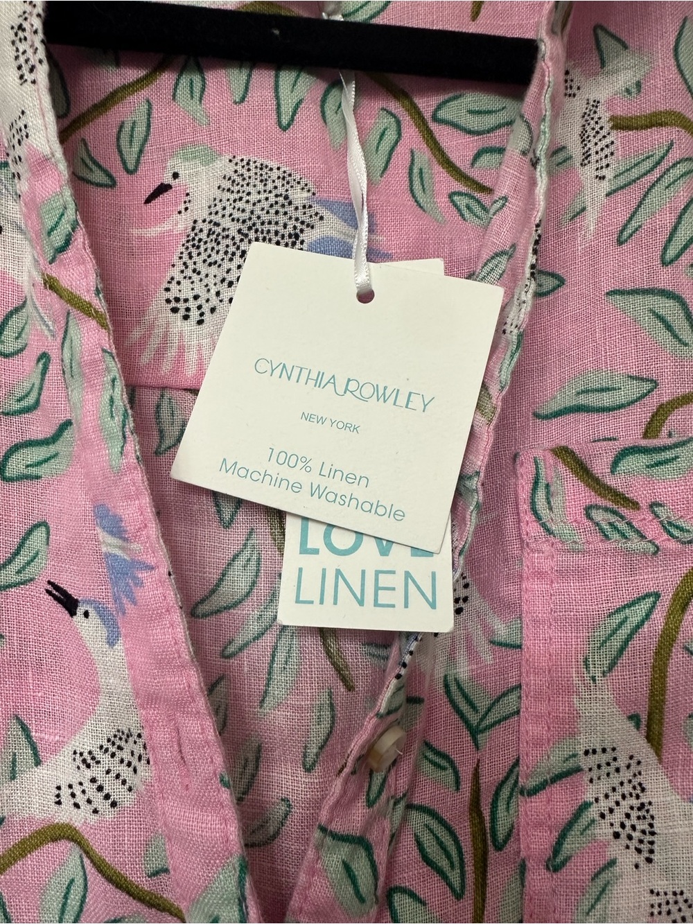 Cynthia Rowley Pink 100% LinenBird Print Button-Down Top - Picture 4 of 9